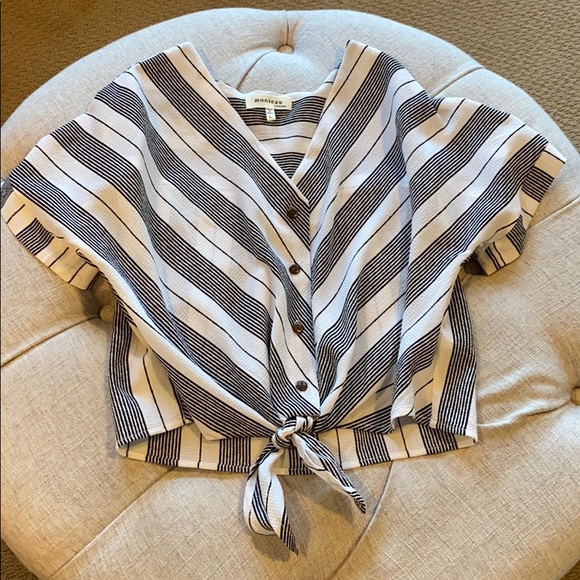 Monteau Striped Button and Tie Top
